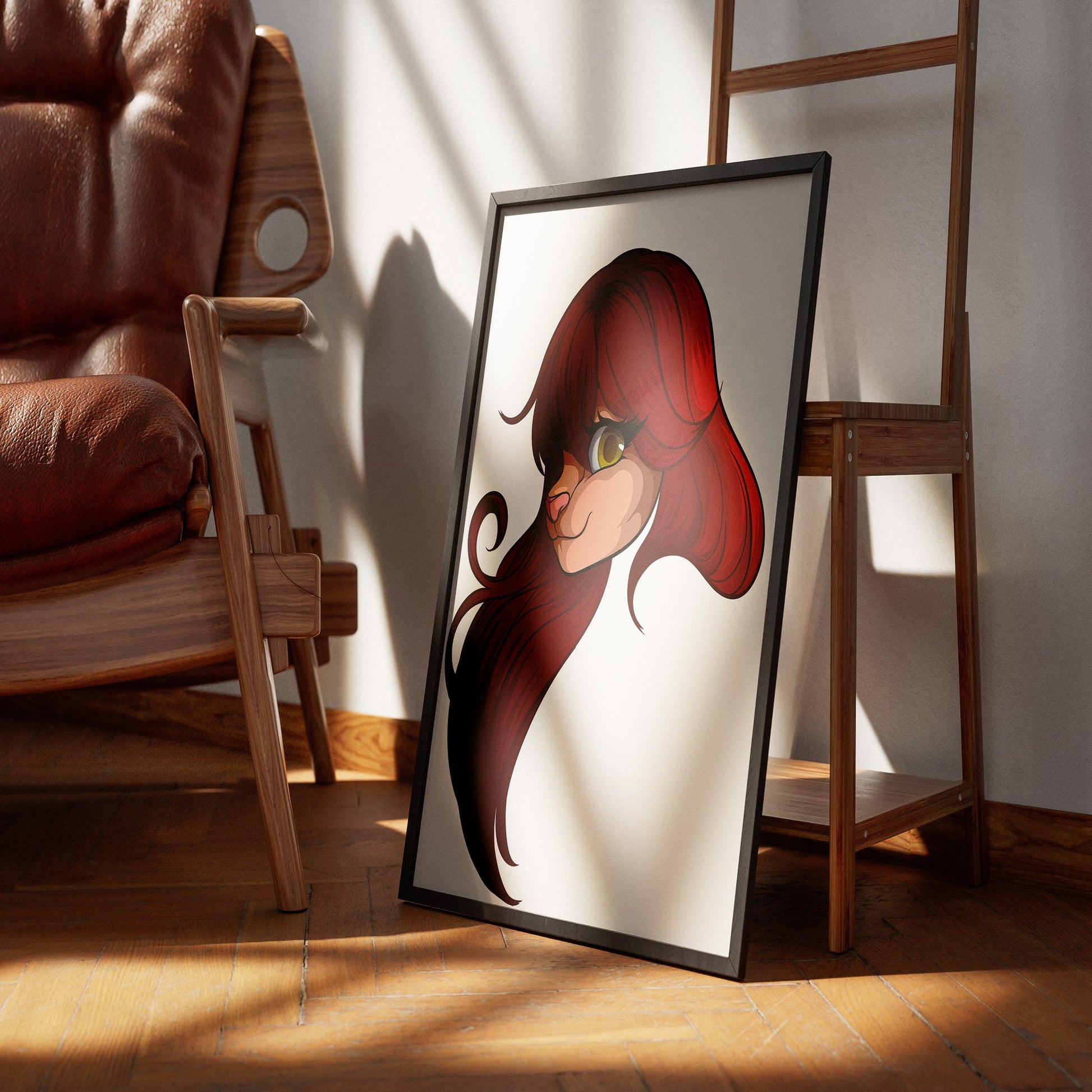 Furries Model 26 digital art with crimson hair and golden eyes in a wooden frame.