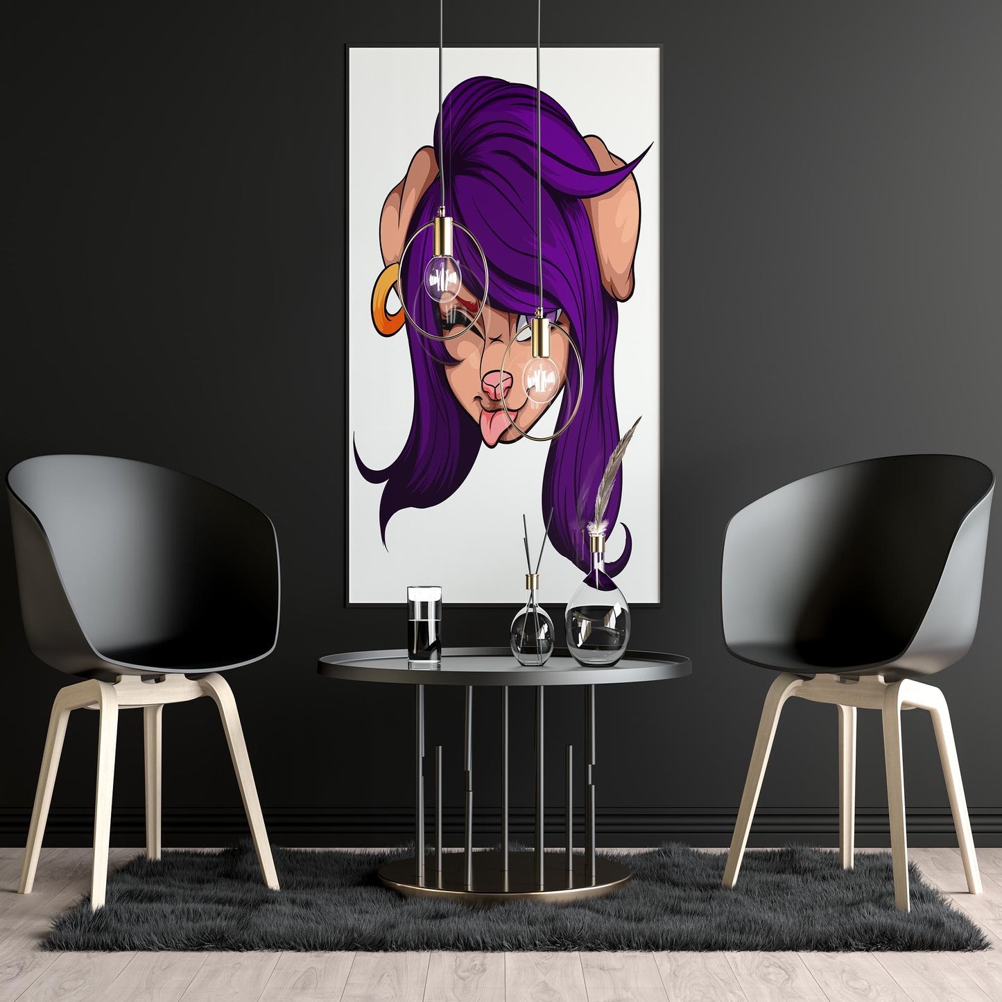 Cheeky purple-haired furry character digital art with mischievous wink in modern setting.