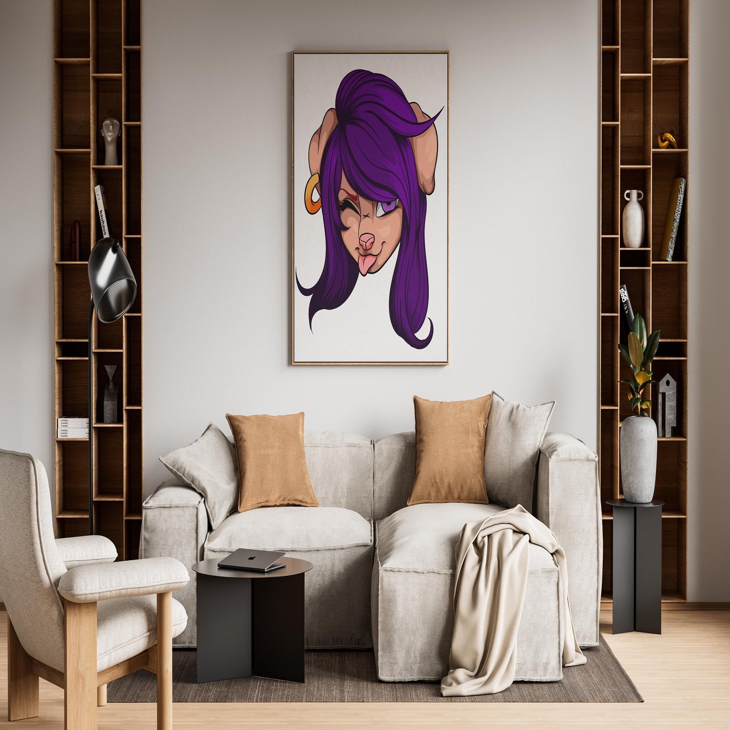 Cheeky purple-haired furry character art in modern living room.