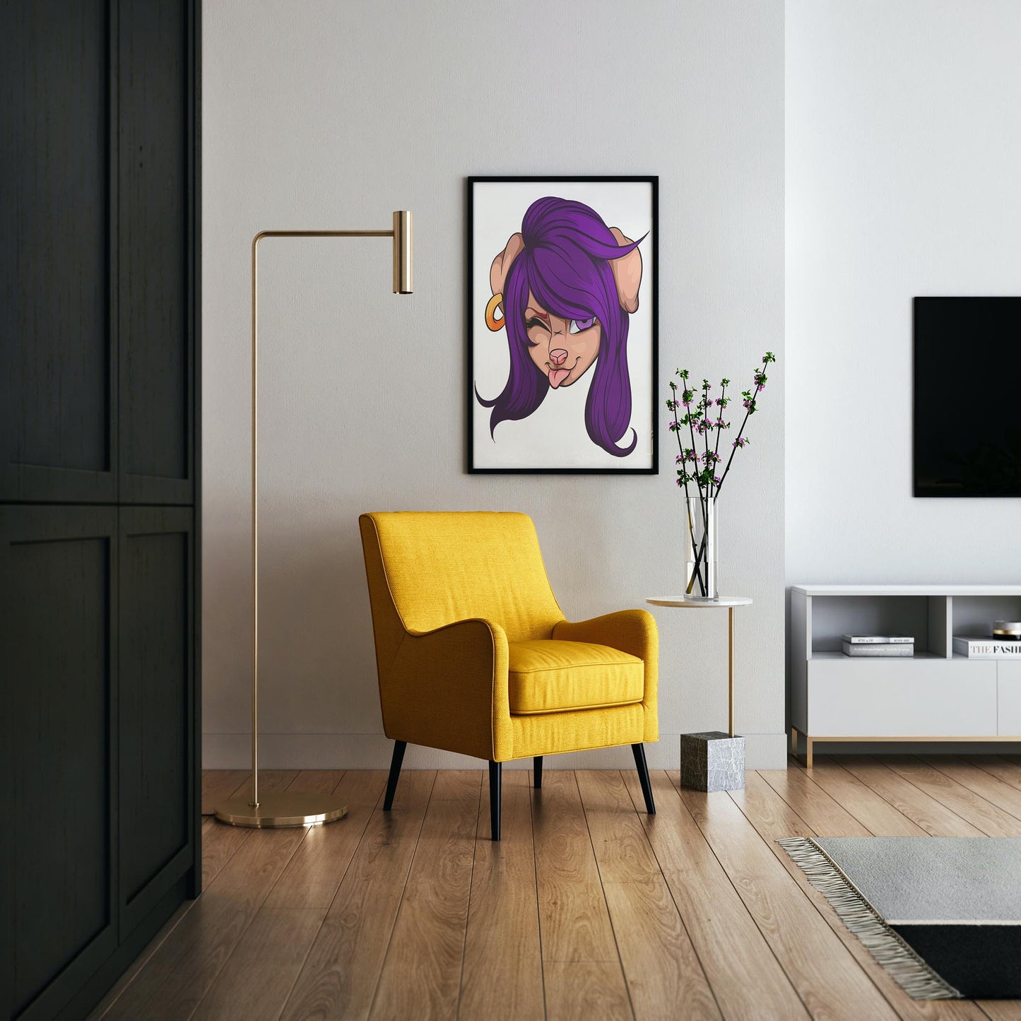 Cheeky purple-haired furry character digital art print on wall in modern living room.