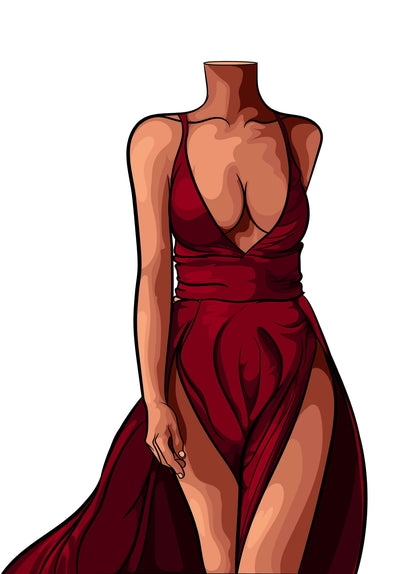 Red dress pop art digital print from Baked Art - Dress 2 Bundle featuring a deep red gown with a plunging neckline.