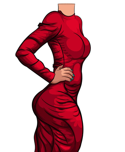 Digital artwork of a sleek red long-sleeve dress, Baked Art - Dress 5, with intricate texture and bold red tones.