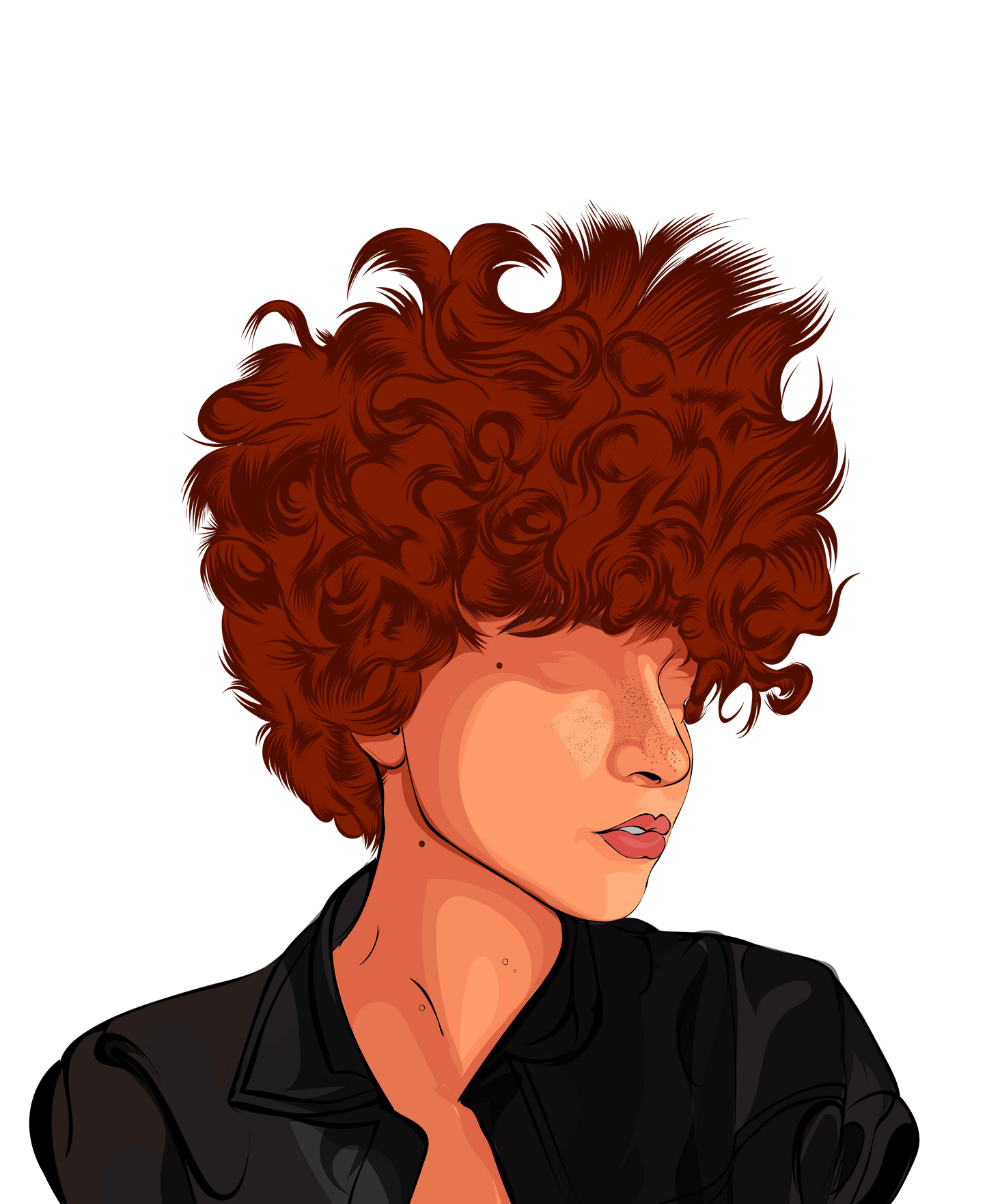 Character & Human Faces Model 13, fiery curly-haired digital art with intricate linework and warm tones.