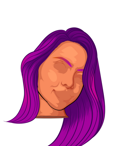 Character design with purple hair, digitalized art style.