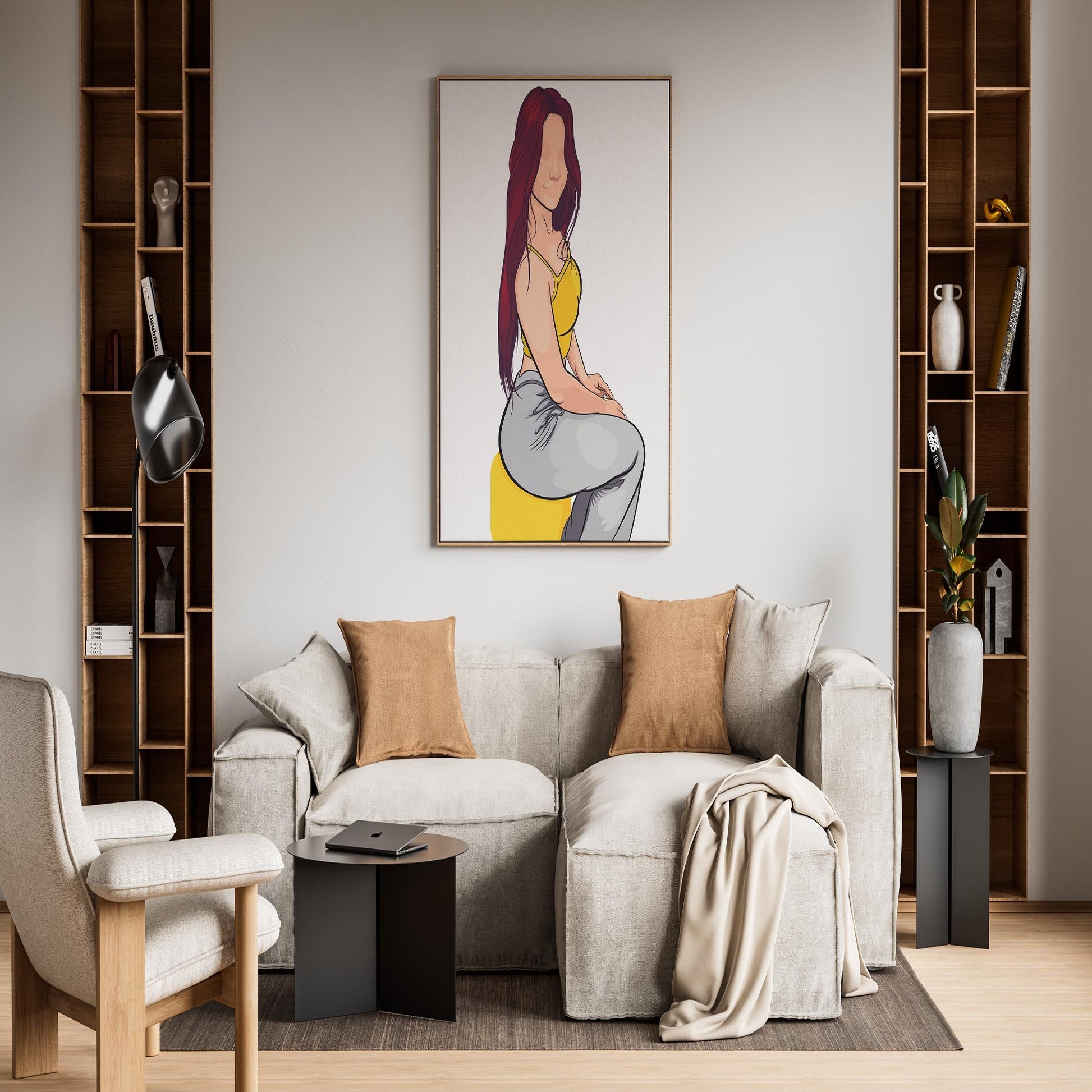 Modern living room featuring "Character & Human Faces Model 11 - Baked Art" framed artwork above a sofa.