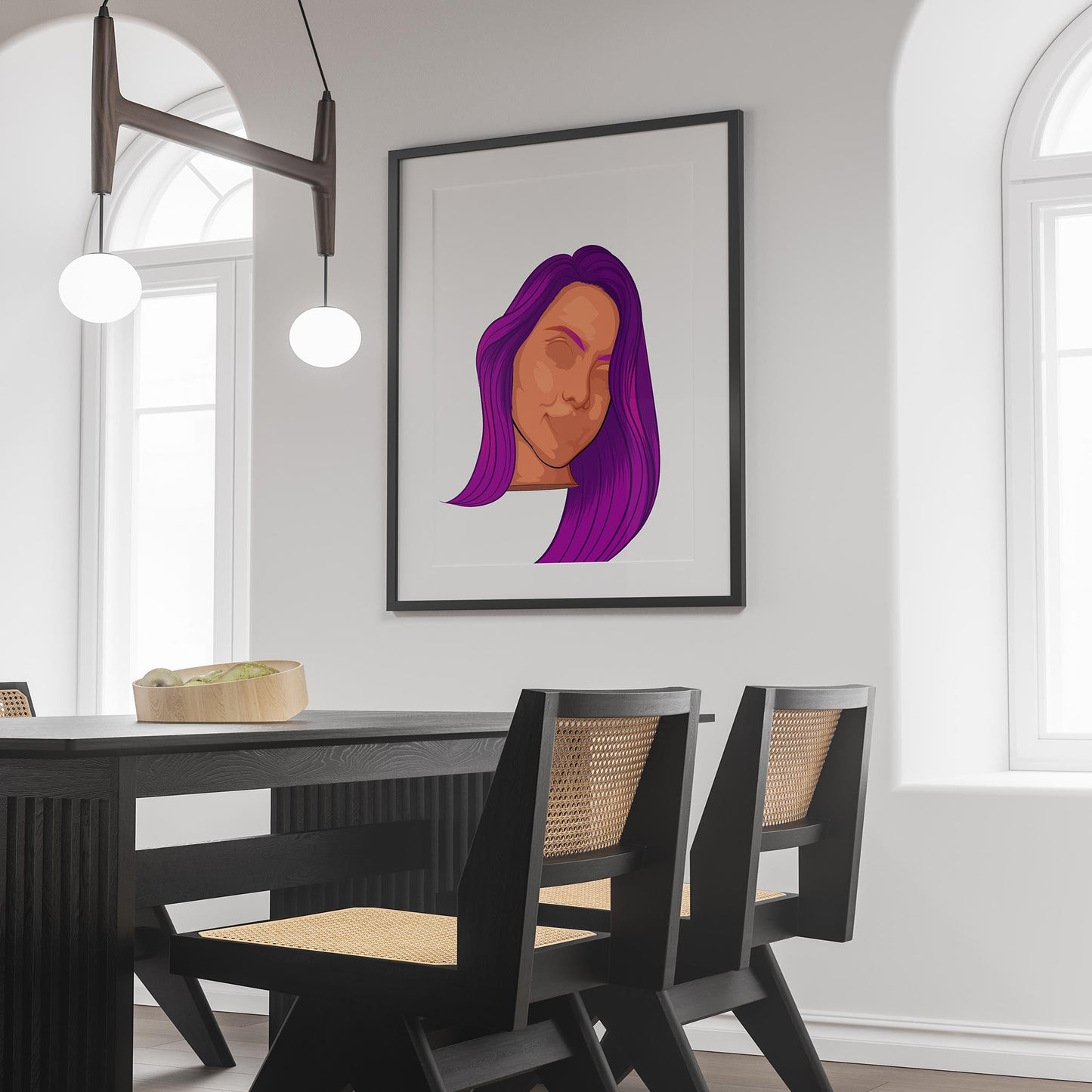 Digital artwork featuring a purple-haired character, framed on a wall in modern dining room.