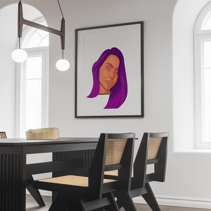 Digital artwork featuring a purple-haired character, framed on a wall in modern dining room.