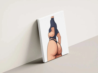 Stylized digital illustration of a female figure in dark lingerie, focusing on the curve of her hips, with smooth shading and clean lines, titled "Baked Art - Model 100".