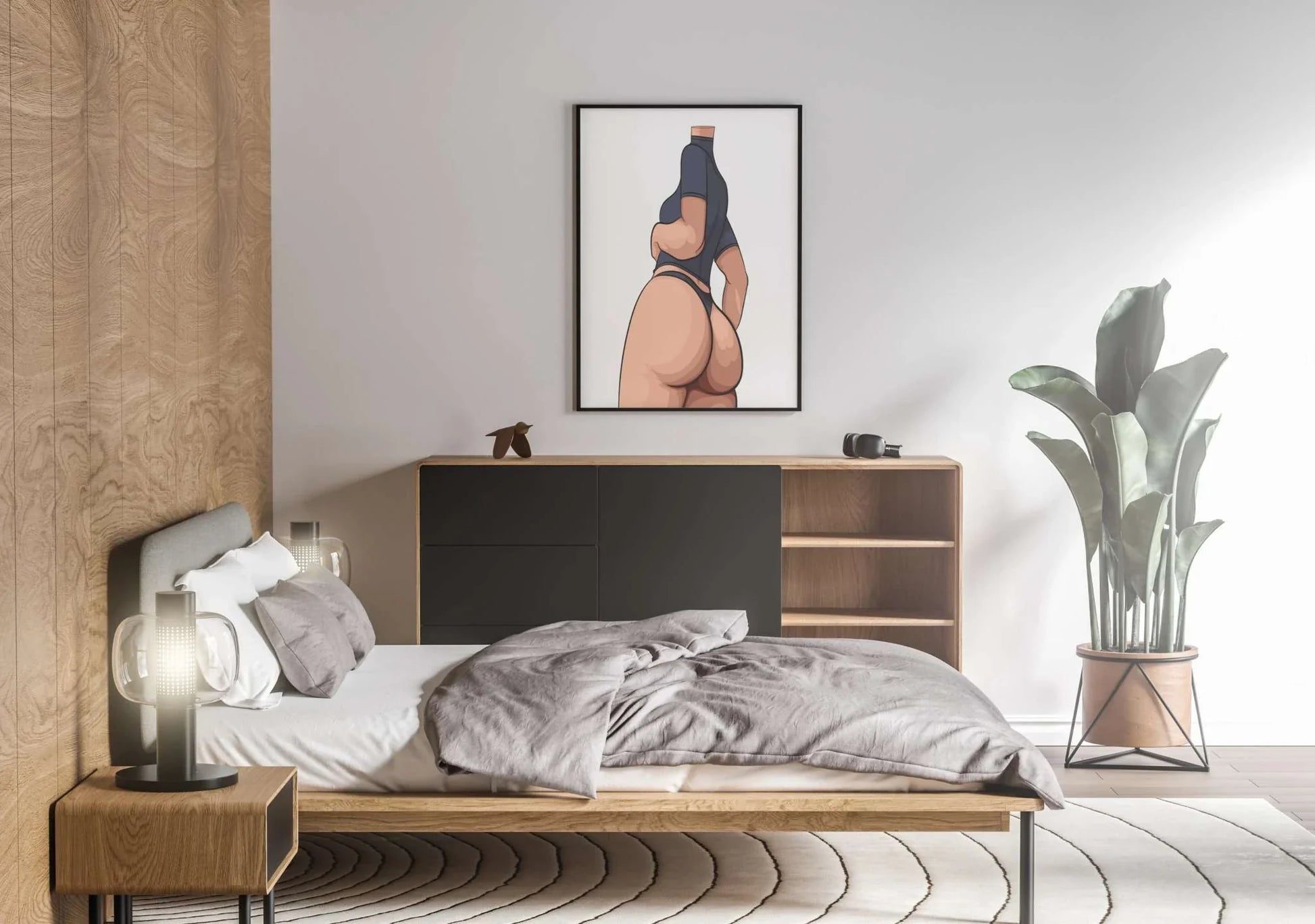 Stylized illustration of a female figure in lingerie, emphasizing hips and lower back, "Baked Art - Model 100" in a modern bedroom setting.