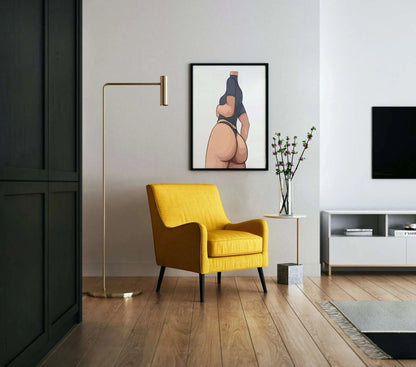 Digital artwork of a stylized female figure highlighting its confident pose, titled "Baked Art - Model 100".