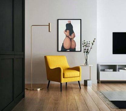 Digital artwork of bold figure, Baked Art Model 102, displayed in modern living room.