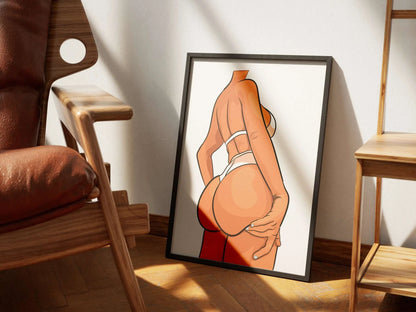 Model 11 Baked Art illustration featuring a confident figure in a white bikini, highlighting intricate shading and anatomy.