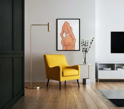 Baked art featuring Model 11 in a white bikini displayed in a modern living room setting.