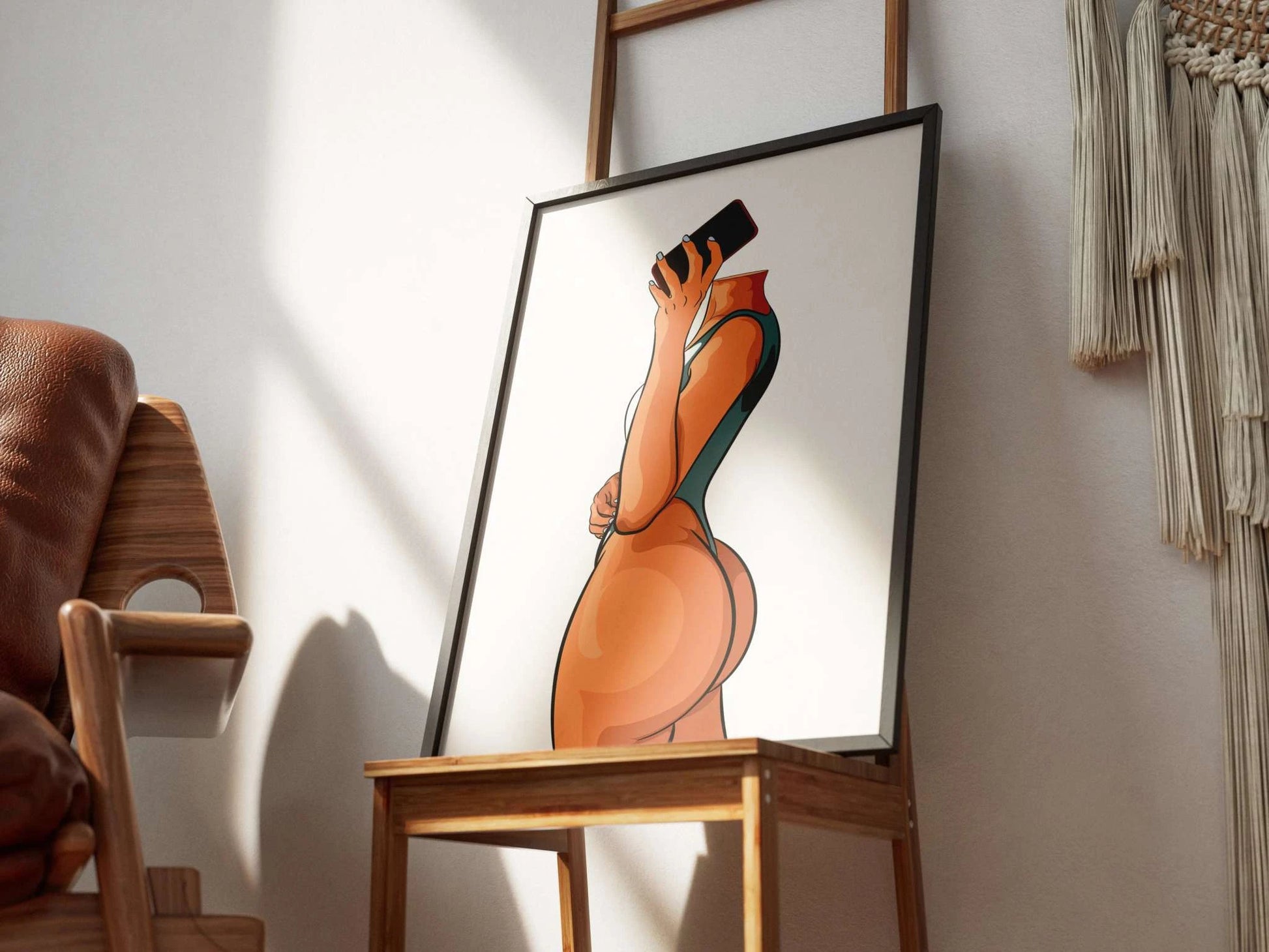 Model 14 - Baked Art digital artwork featuring a confident figure in activewear, holding a smartphone.
