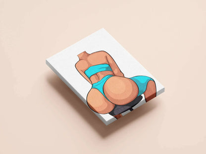 Model 16 - Baked Art, vibrant blue bikini design on stool, lifelike anatomy, digitalized arts.