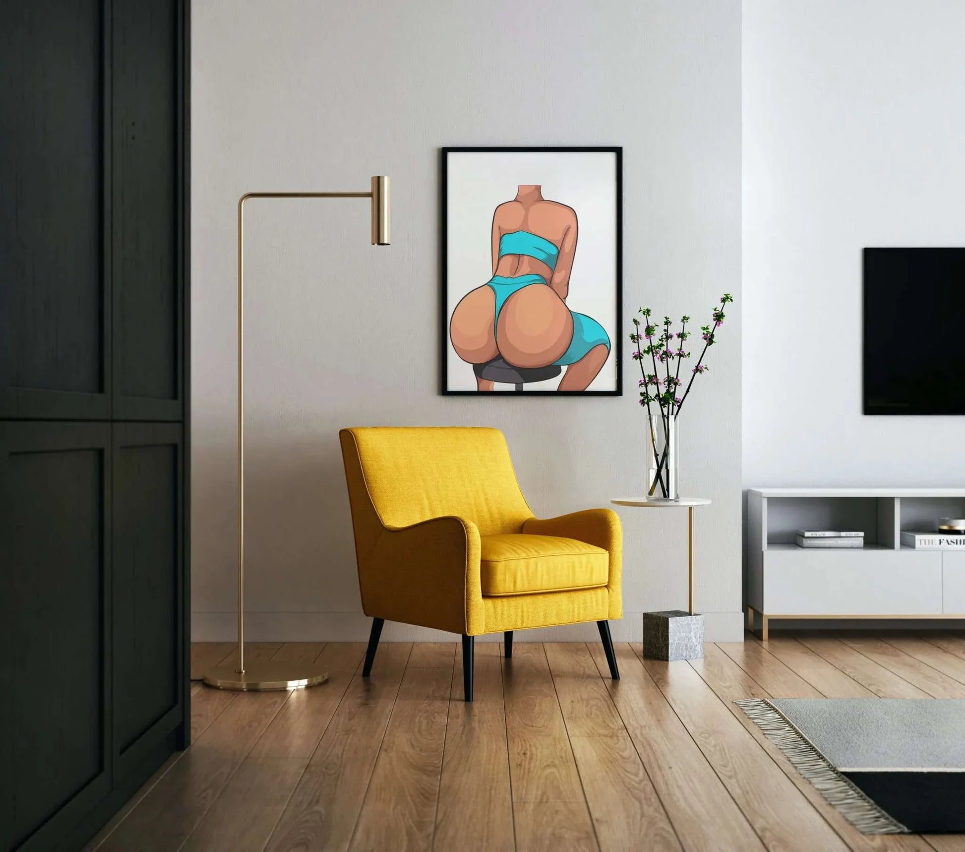 Model 16 - Baked Art print featuring a seated figure in a blue bikini displayed on a modern white wall with a yellow armchair.