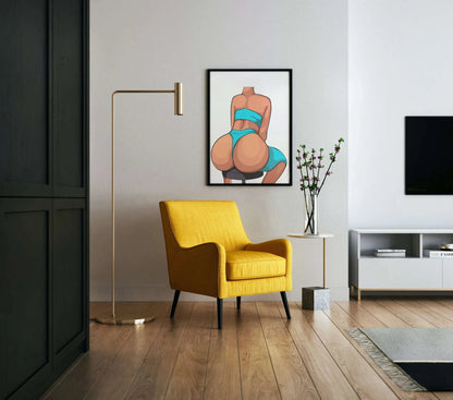 Model 16 - Baked Art print featuring a seated figure in a blue bikini displayed on a modern white wall with a yellow armchair.