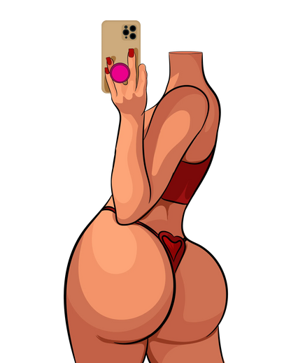 Model 17 digital art in red lingerie holding smartphone, baked art design.