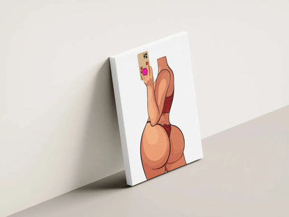 Model 17 - Baked Art featuring a figure in red lingerie holding a smartphone, digital artwork on canvas.