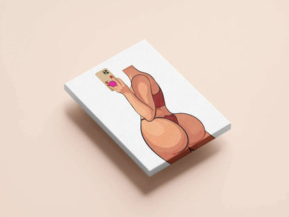 "Model 17 - Baked Art, digital artwork of figure in red lingerie taking selfie, red nails, heart accent."