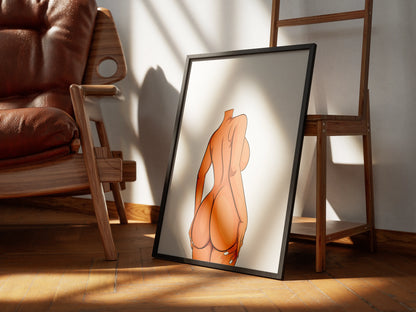 Curvy elegance digital art figure print on wooden floor display.