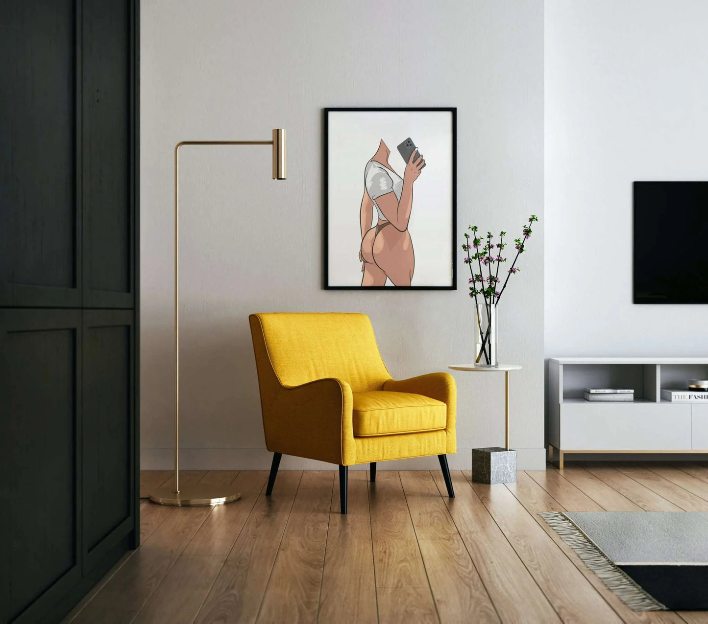 Digital art piece titled "Lingerie Model 32" featuring modern figure with sleek lines, vibrant colors, and smooth textures, displayed in a stylish living room setting.