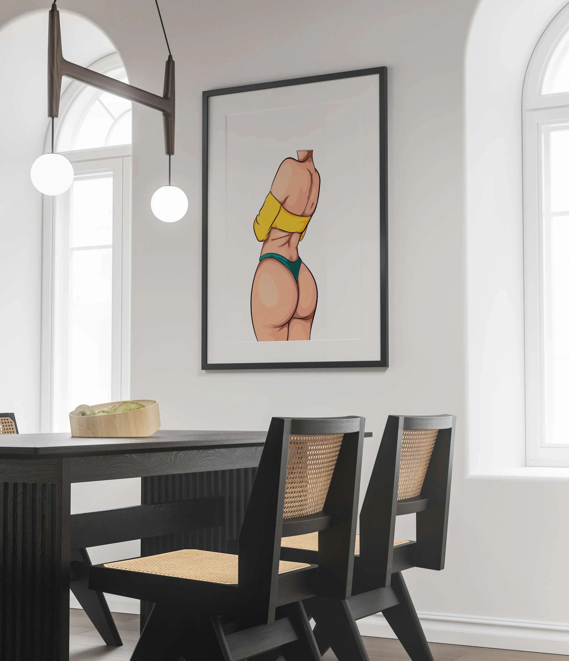 Digital art illustration "Model 37 - Baked Art" with vibrant colors and dynamic pose, featuring bold curves in a framed setting.