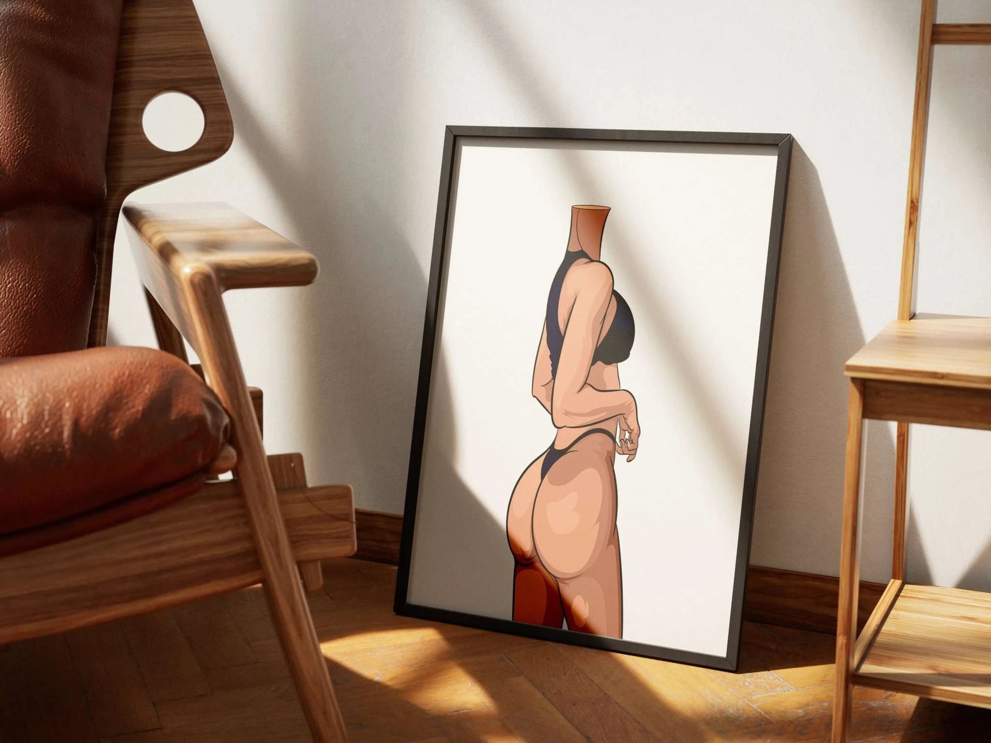 Digital art of a bold character model in dynamic pose, framed on wooden floor.