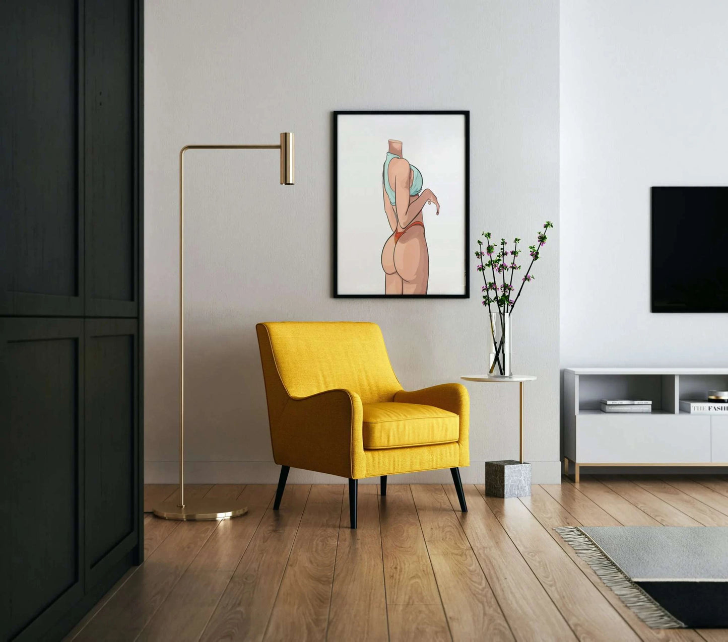 Digital artwork of a modern character model in a stylish pose, titled "Model 48 - Baked Art", displayed in a contemporary living space.
