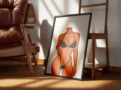 Digital art of a bikini model in a frame leaning against a wooden chair, showcasing realistic anatomy and details, perfect for design projects.