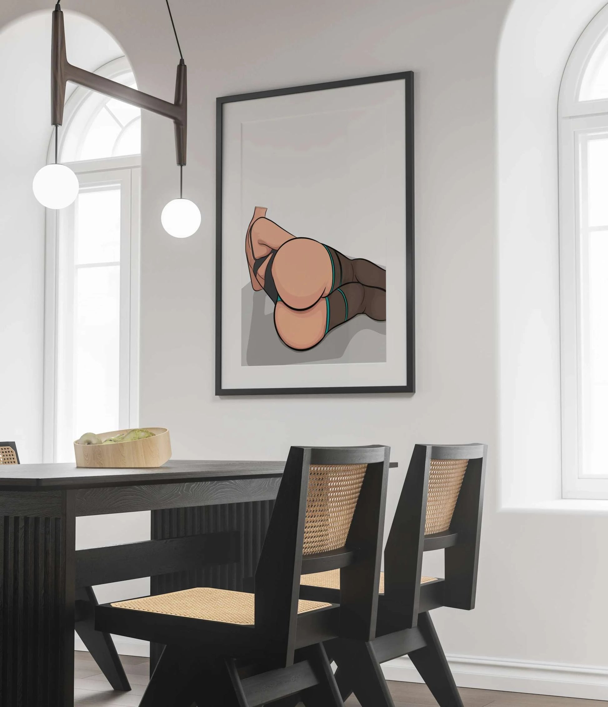 Digital artwork titled "Lingerie Model 55 - Baked Art" displayed in a modern dining room setting.