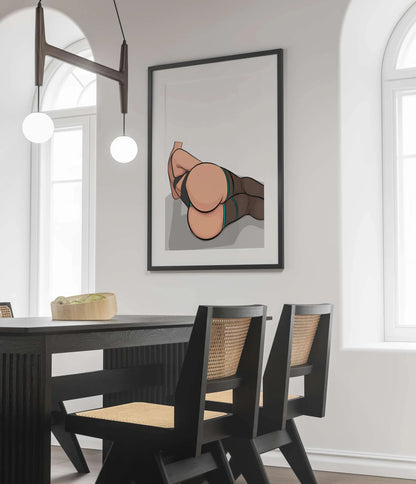 Digital artwork titled "Lingerie Model 55 - Baked Art" displayed in a modern dining room setting.