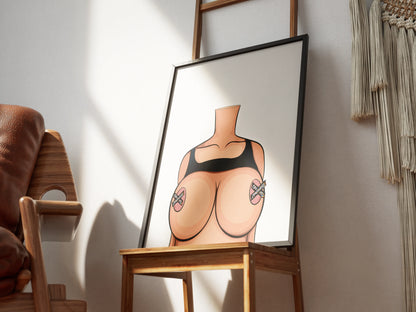 Digital art of headless female figure in black top, leaning on wooden chair; perfect for designers and digital creators.