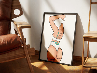 Model 59 - Baked Art digital illustration in a stylish frame placed on a modern wooden floor.
