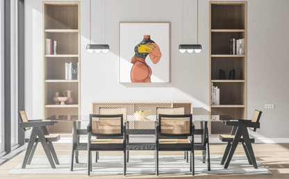 Digital illustration of lingerie model in modern dining room wall art display.