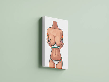 Minimalist digital art of a headless female figure, Model 61, against a green background.