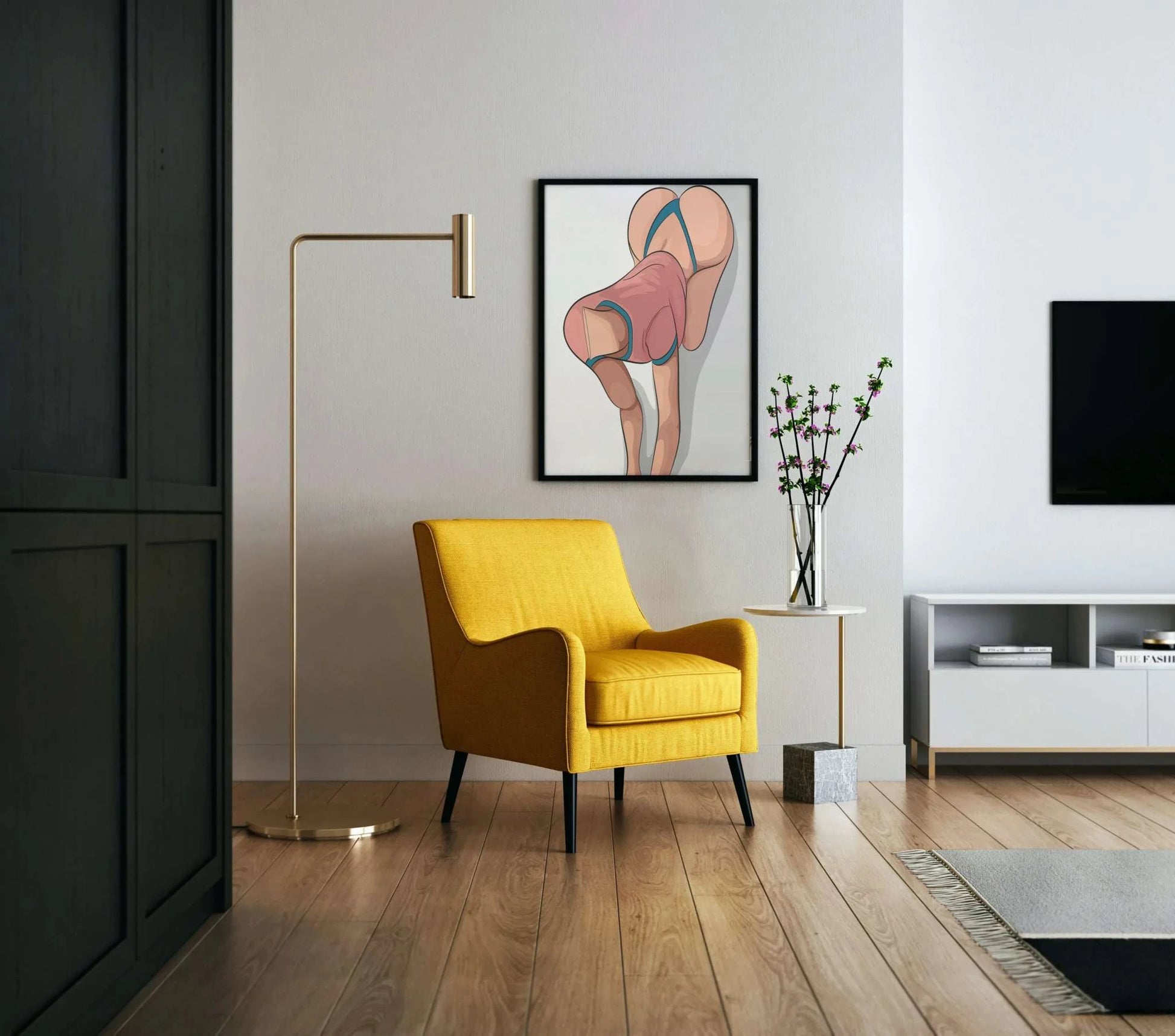 Digital art of lingerie model on a wall, modern interior design with yellow chair and lighting, Baked Art - Model 63.