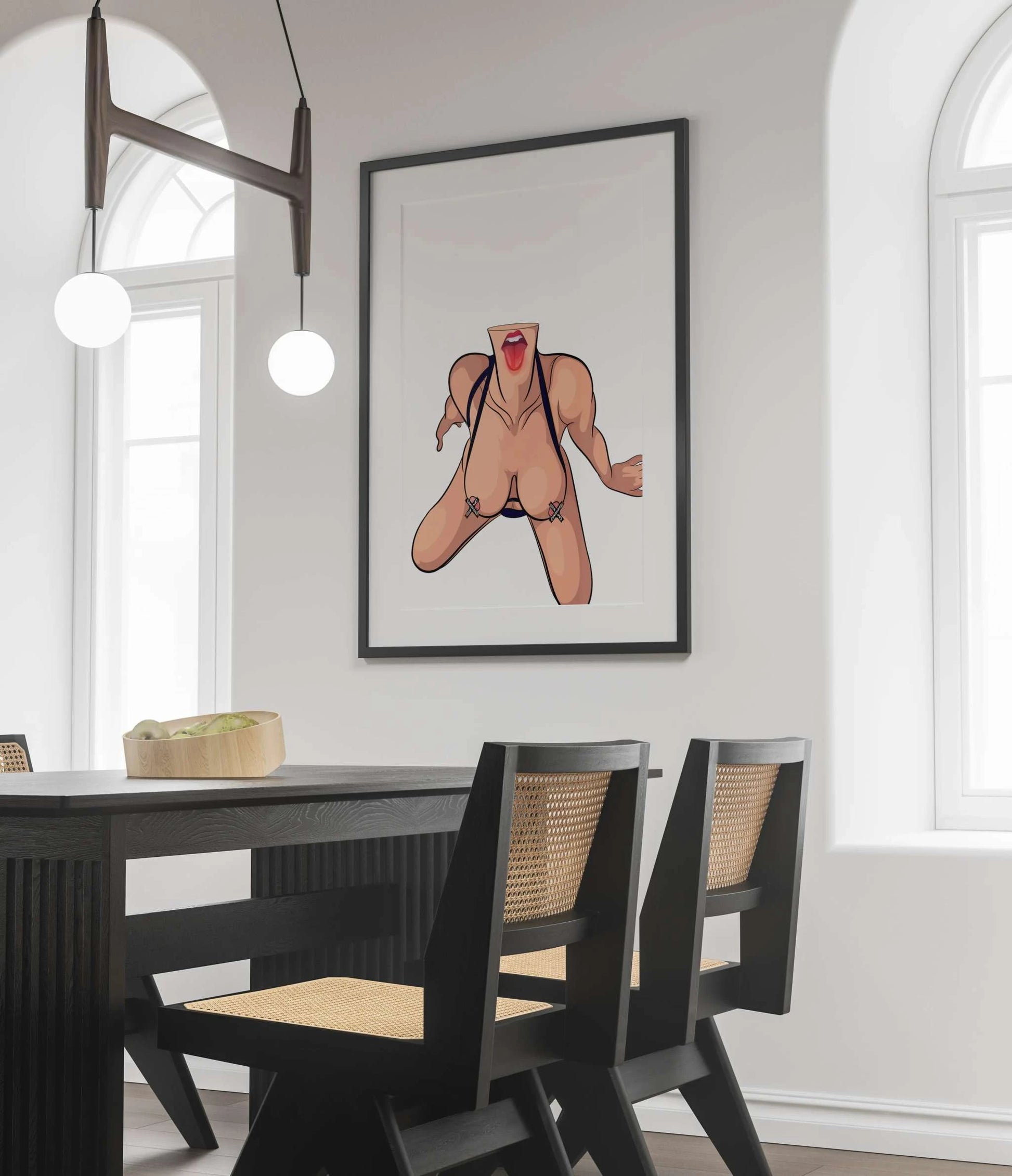 Unique digital art featuring expressive and editable female figure in lingerie, titled "Lingerie Model 64" by Baked Art, displayed in a modern dining area.