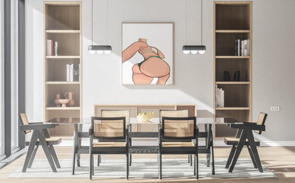 Vibrant digital illustration of Lingerie Model 66, showcasing bold lines and rich colors in a modern dining room.