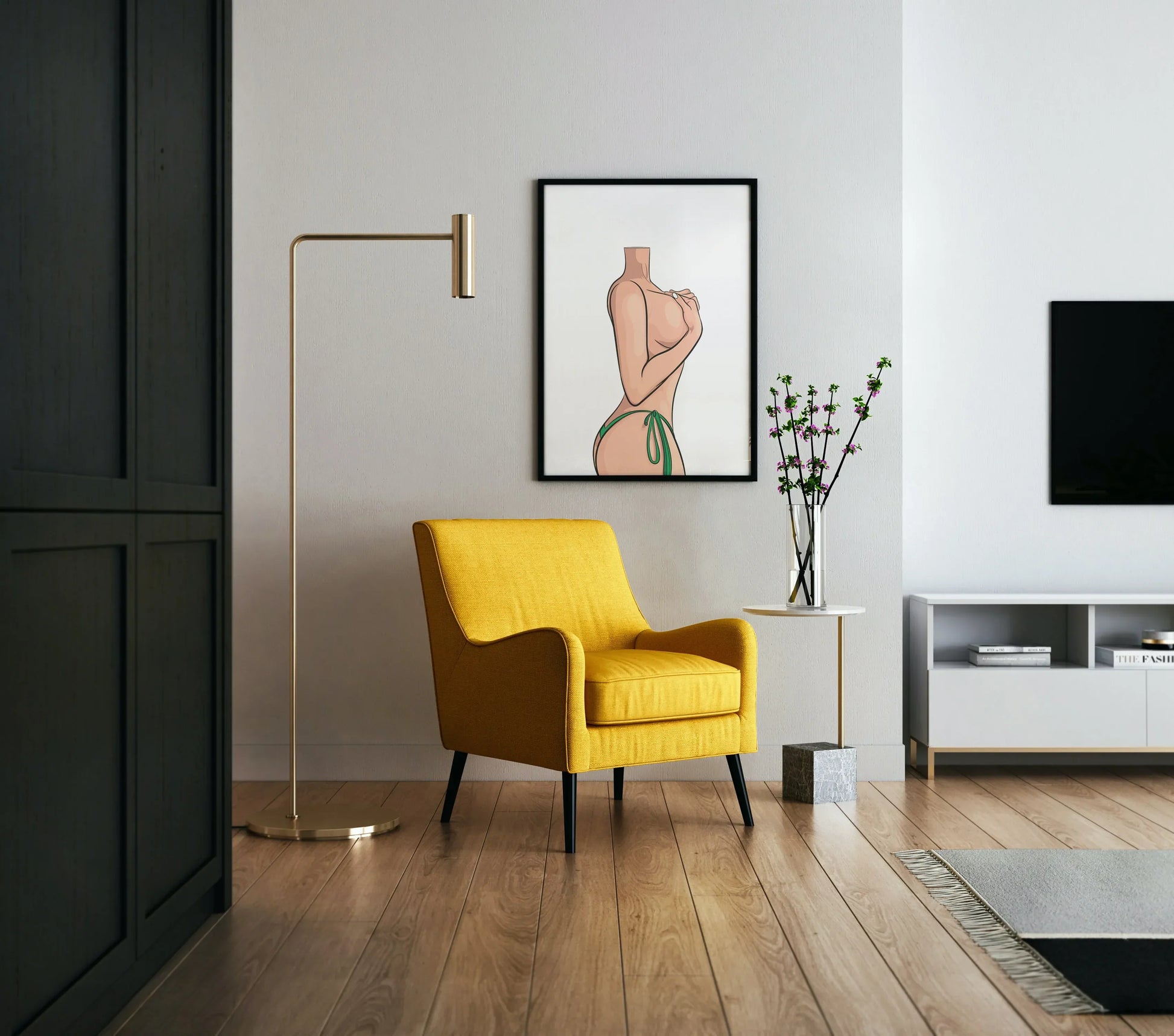 Digital artwork of a sensual female figure in a modern living room.