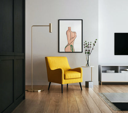 Digital artwork of a sensual female figure in a modern living room.