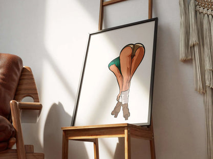Baked Art - Model 72 digital art framed on a chair, showcasing bold shapes and vivid detail.