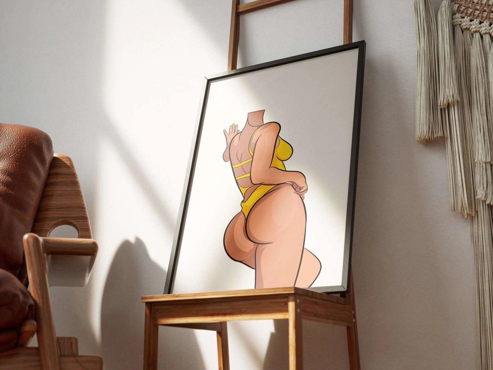 Digital illustration of Baked Art - Model 73, vibrant and bold, framed and displayed on a wooden chair.