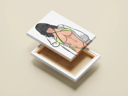 Digital illustration of Bikini Model 76 on a canvas mockup, featuring bold linework and modern artistry.