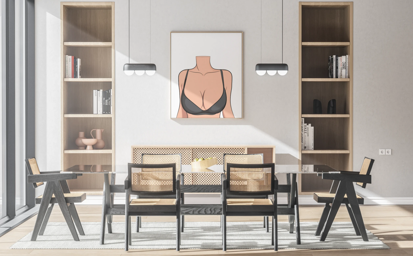 Minimalist digital art of lingerie model in modern dining room setting, highlighting clean lines and contemporary design.