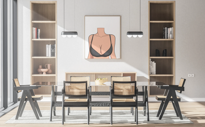 Minimalist digital art of lingerie model in modern dining room setting, highlighting clean lines and contemporary design.