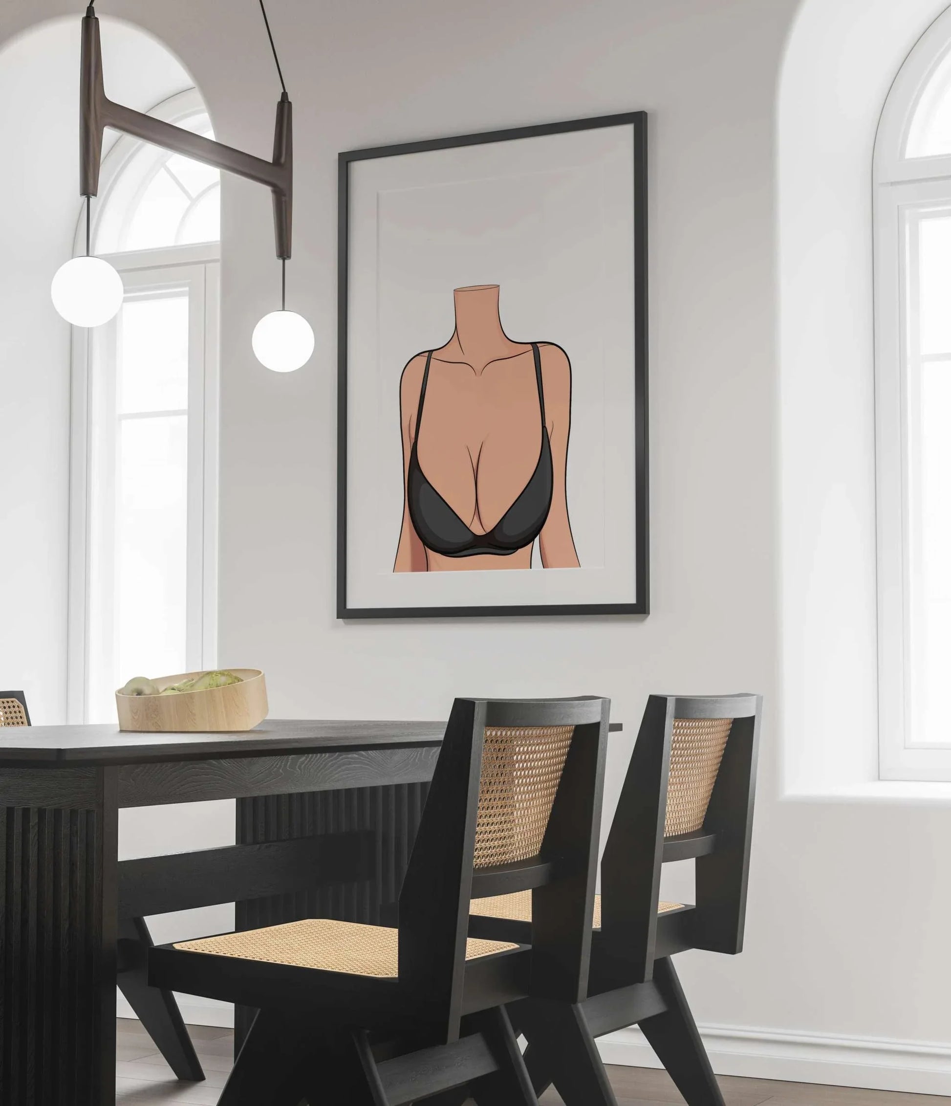 Minimalist digital art print titled 'Lingerie Model 78 - Baked Art', displayed in a modern dining room.