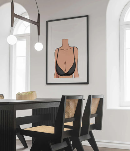 Minimalist digital art print titled 'Lingerie Model 78 - Baked Art', displayed in a modern dining room.