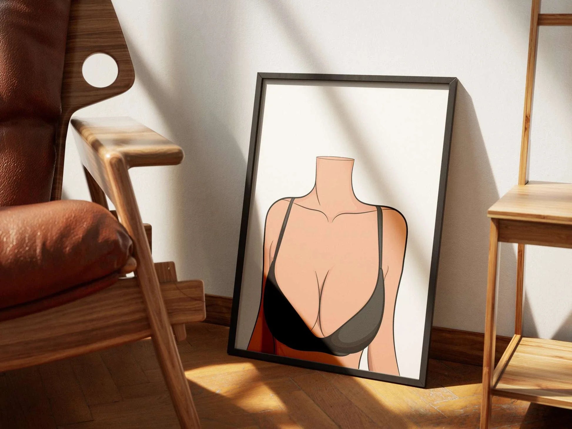 Digital art print of Lingerie Model 78 with modern minimalist design, framed and leaning against a wall.