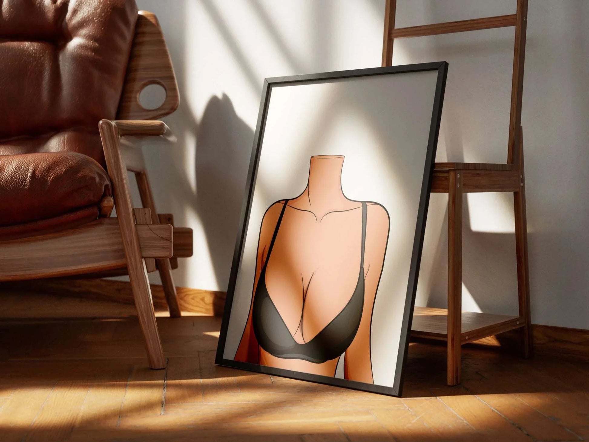 Minimalist digital art of a torso in black lingerie, "Baked Art - Model 78", against a modern interior background.